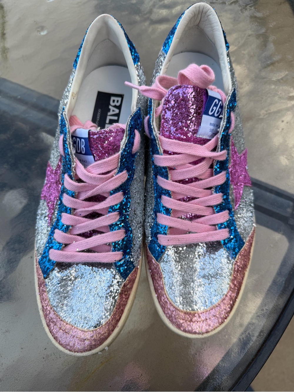 Golden Goose Silver Glitter Sneakers with Pink Star and Blue & Pink Accents - Picture 9 of 16